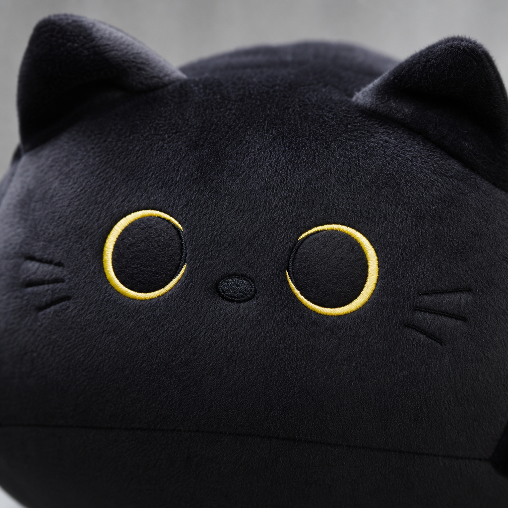 Gros plan sur les yeux dores de la peluche chat noir
