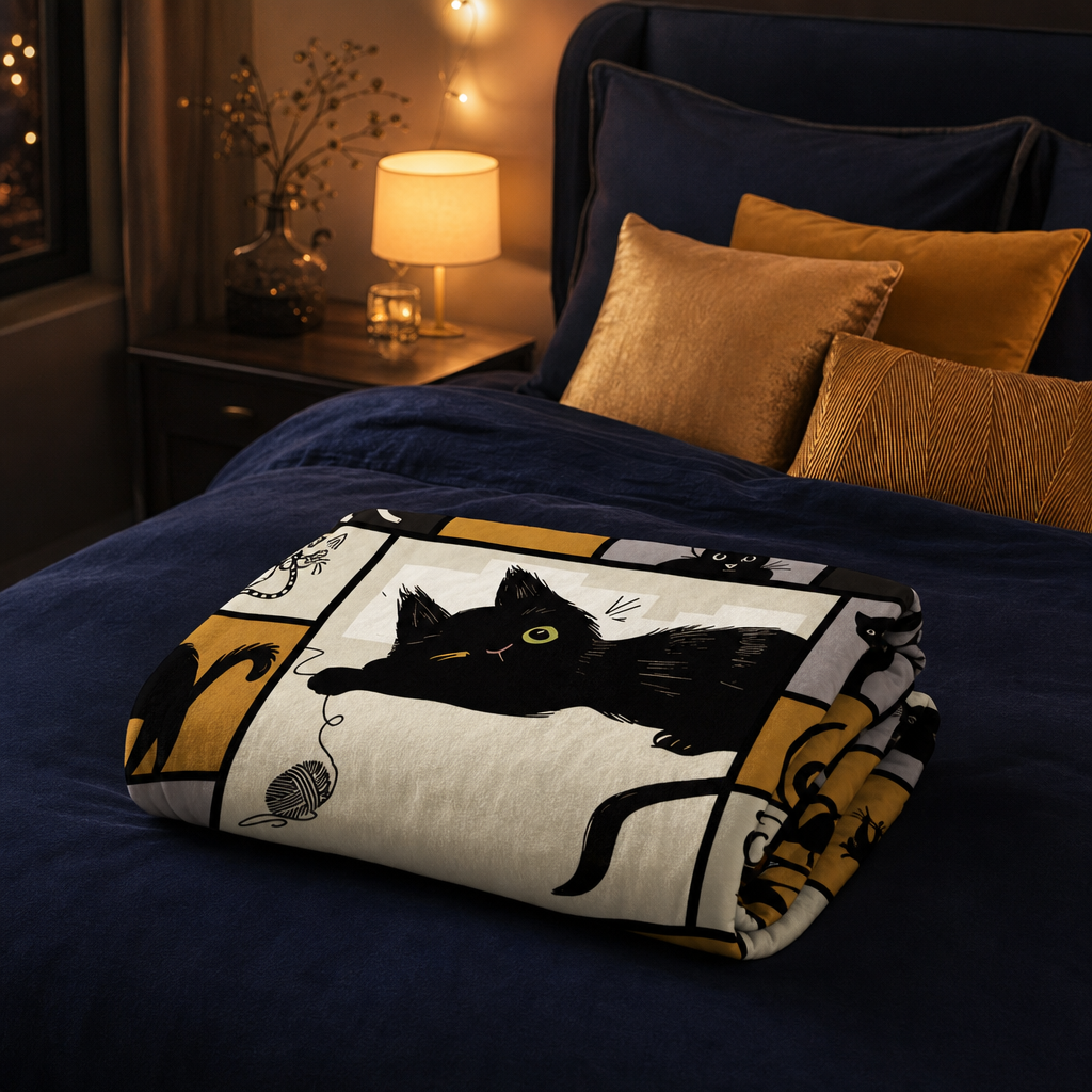 Plaid chat noir 3D sur un lit bleu nuit