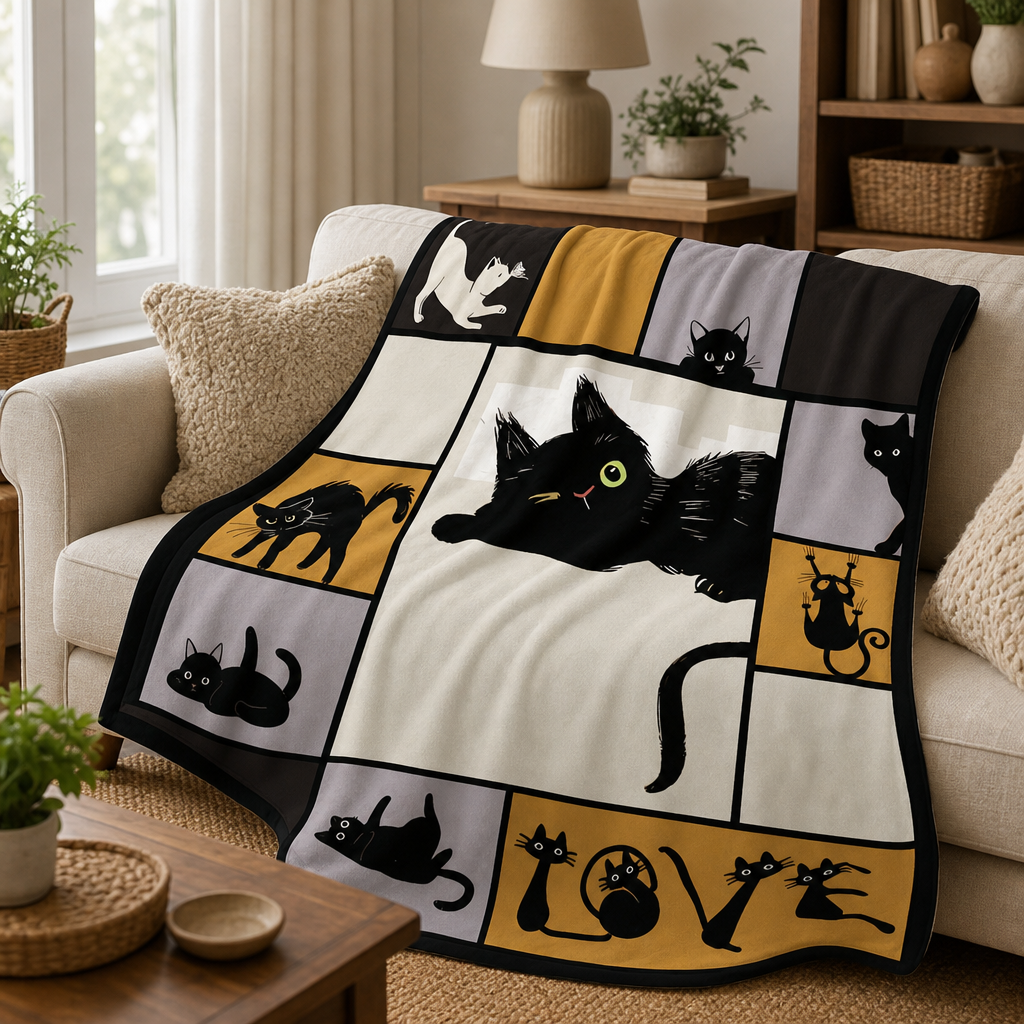 Plaid chat noir 3D sur un canape cosy
