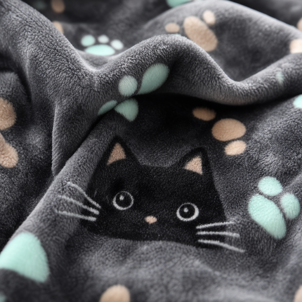 Gros plan sur la matiere douce du plaid chat noir
