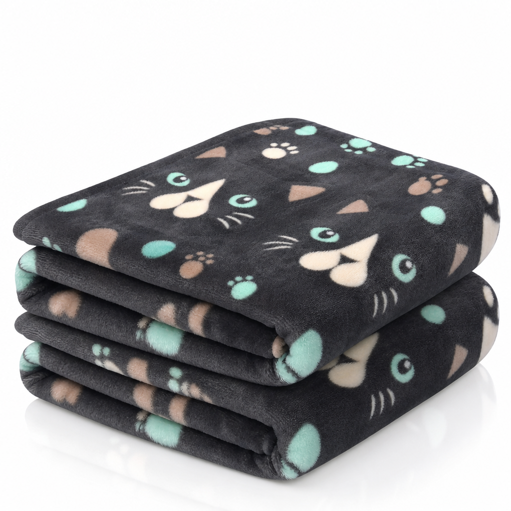 Plaid chat noir en polaire plie, fond blanc
