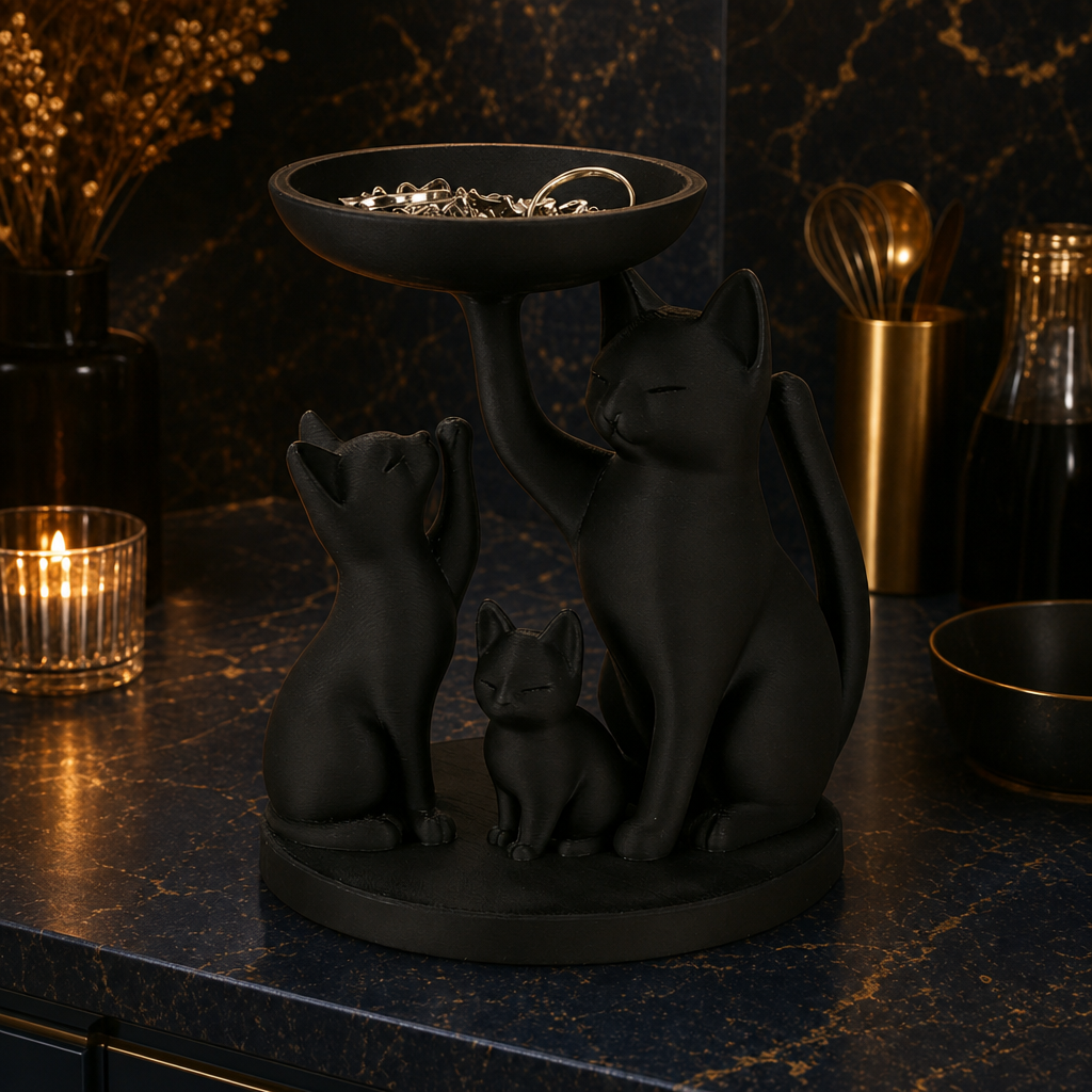 Planche de cuisine chat noir sur plan de travail bleu nuit