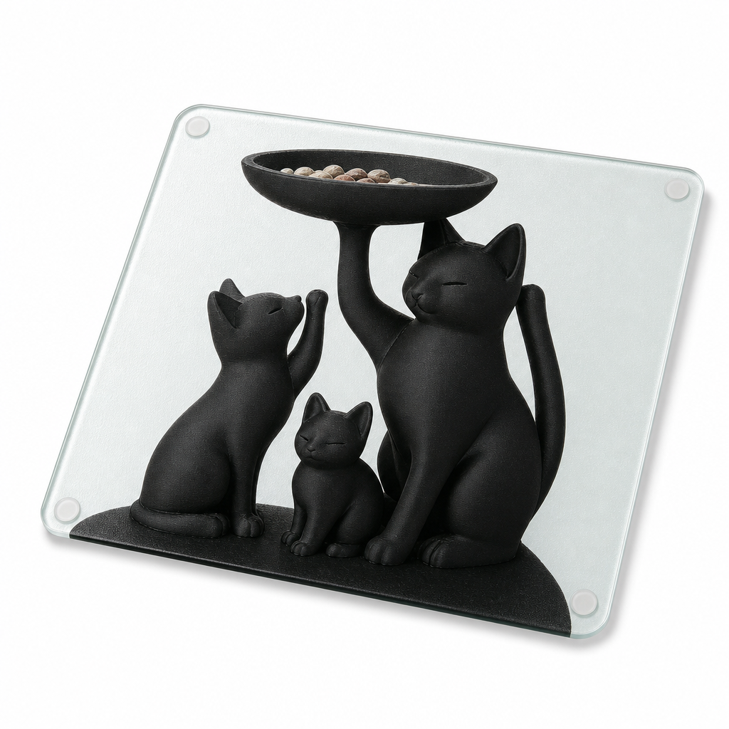 Planche de cuisine chat noir en verre, fond blanc