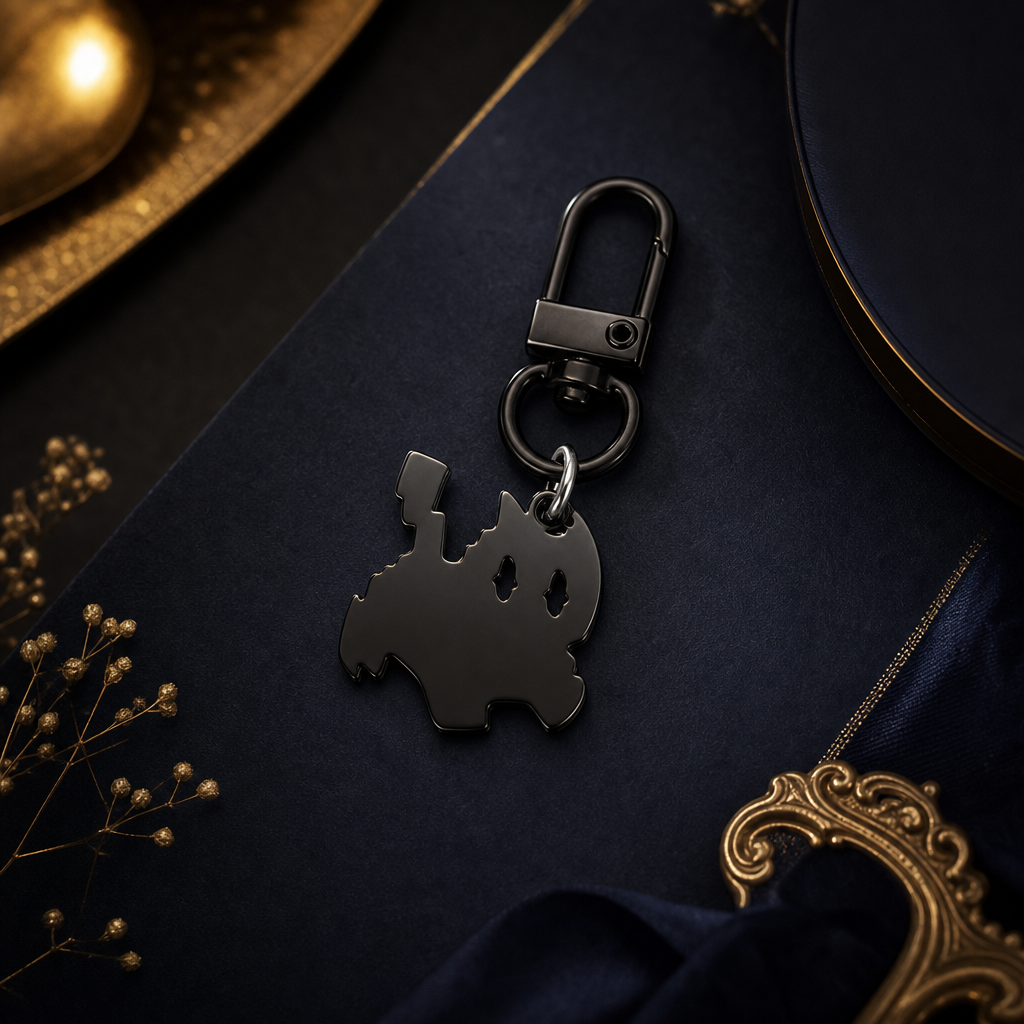 Porte-cle chat noir kawaii sur fond bleu nuit
