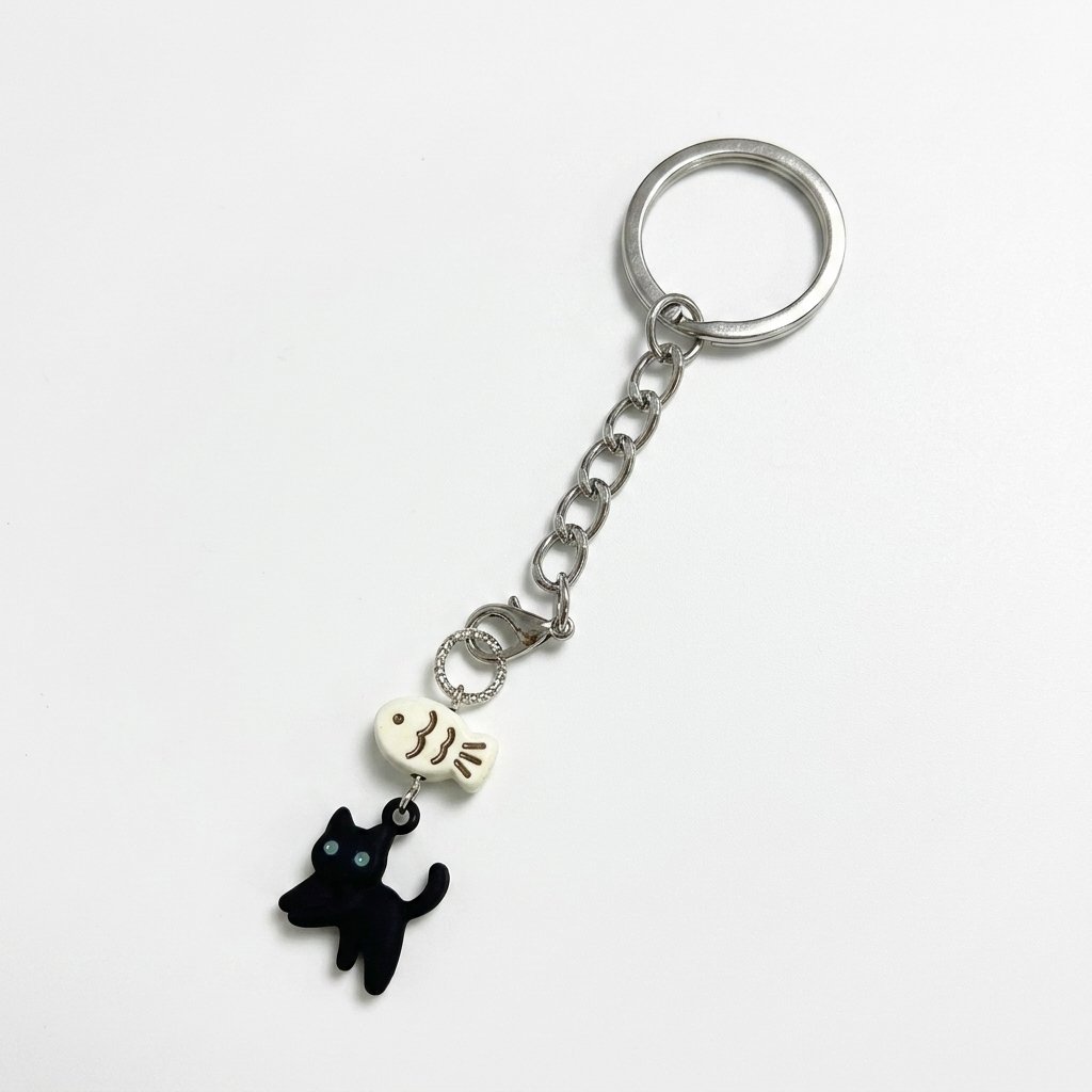 Porte-cle chat noir kawaii, fond blanc
