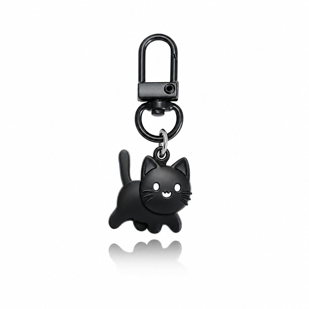 Porte-cle chat noir kawaii, fond blanc