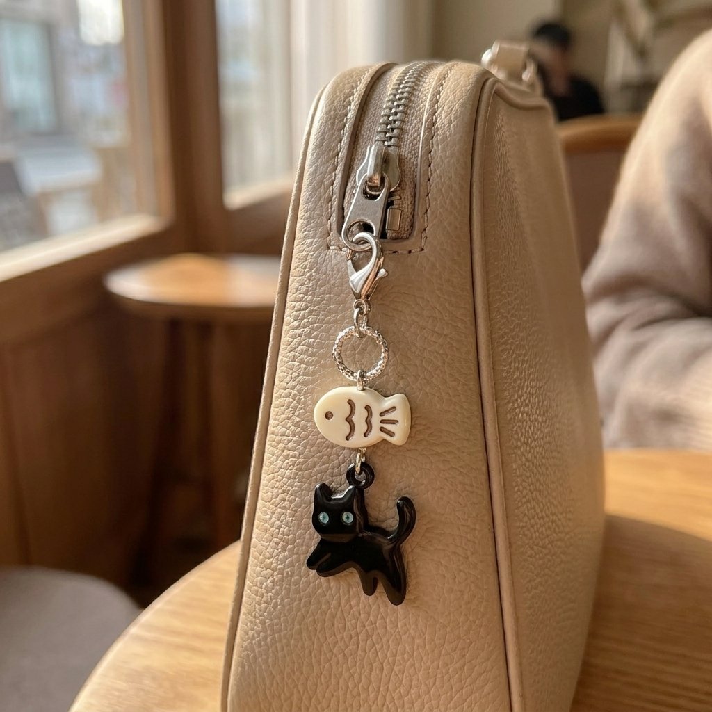 Porte-cle chat noir accroche a un sac