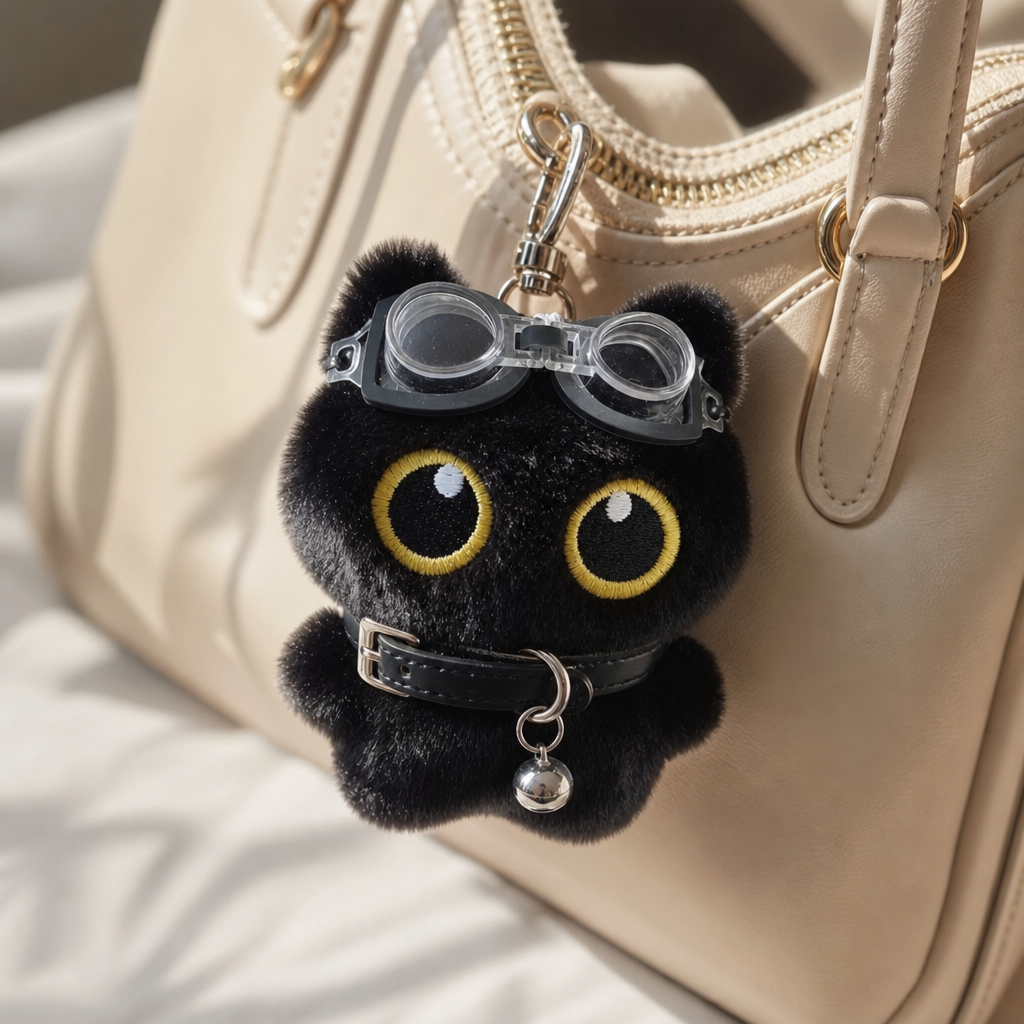 Porte-cle chat noir accroche a un sac