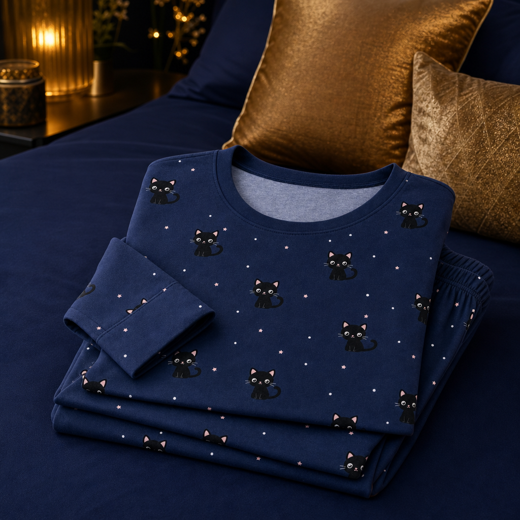 Pyjama chat noir plie sur un lit bleu nuit