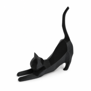 Statue chat noir geometrique, fond blanc