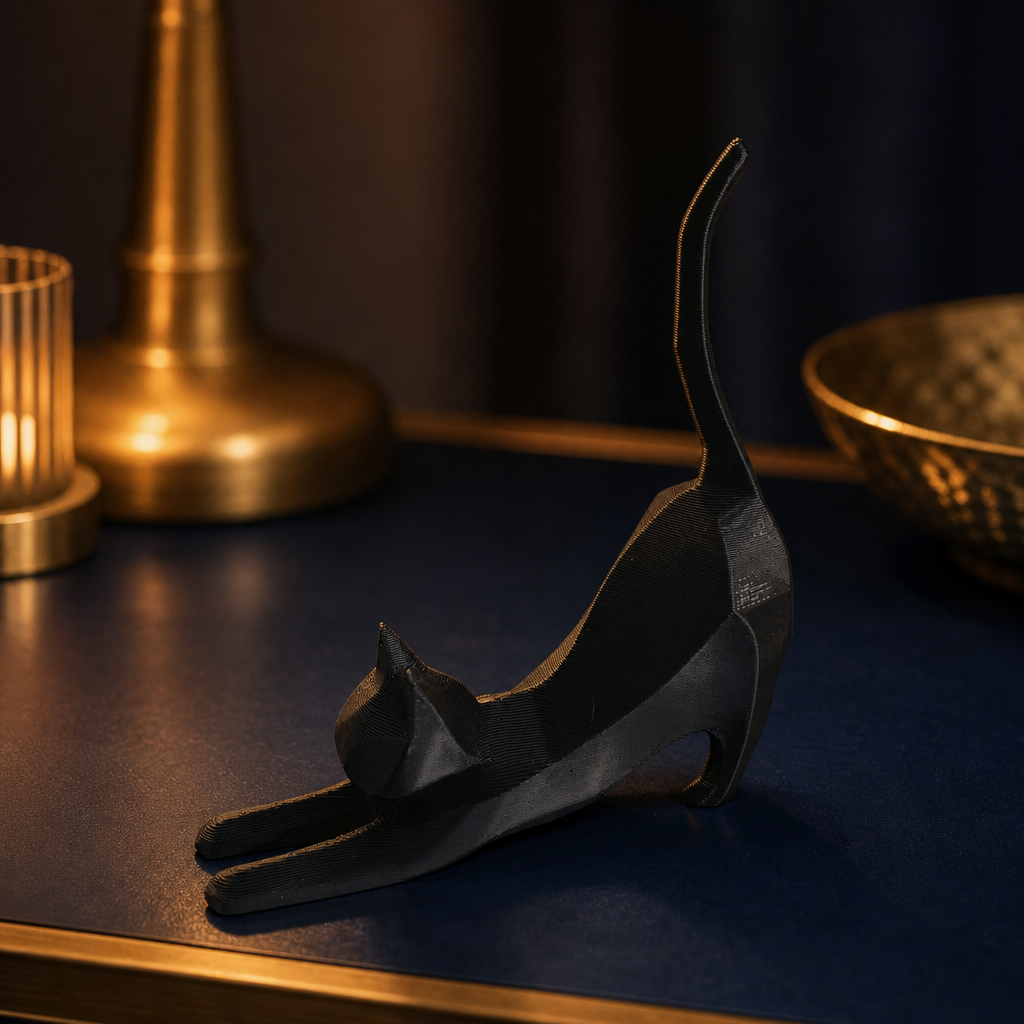 Statue chat noir geometrique sur fond bleu nuit