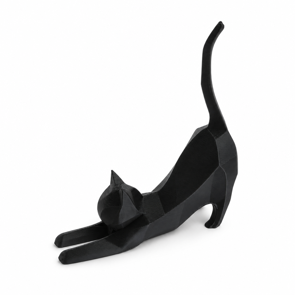 Statue chat noir geometrique, fond blanc