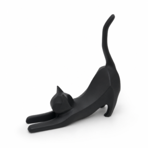 Statue deco chat noir qui s etire, fond blanc