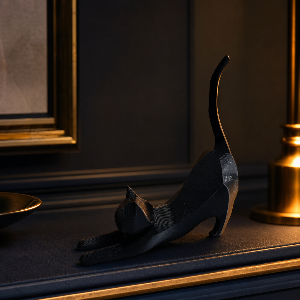 Statue chat noir sur fond bleu nuit