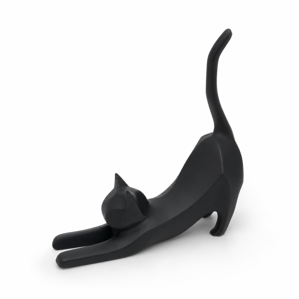 Statue deco chat noir qui s etire, fond blanc