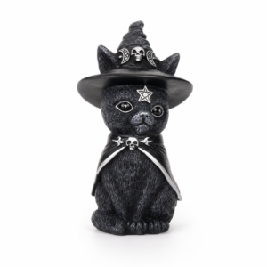 Statue de jardin chat noir mystique, fond blanc
