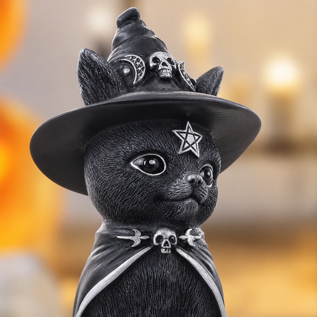 Gros plan sur la statue chat noir au chapeau