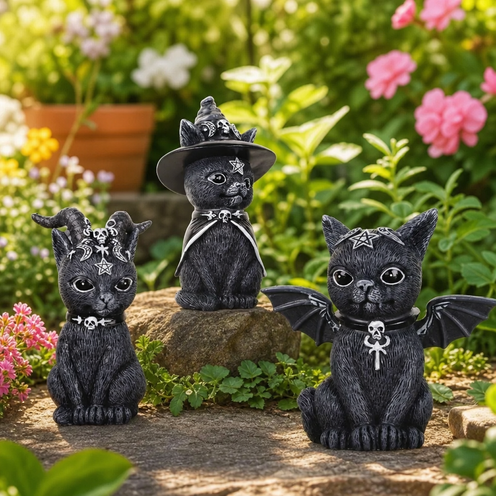 Statues chat noir dans un jardin