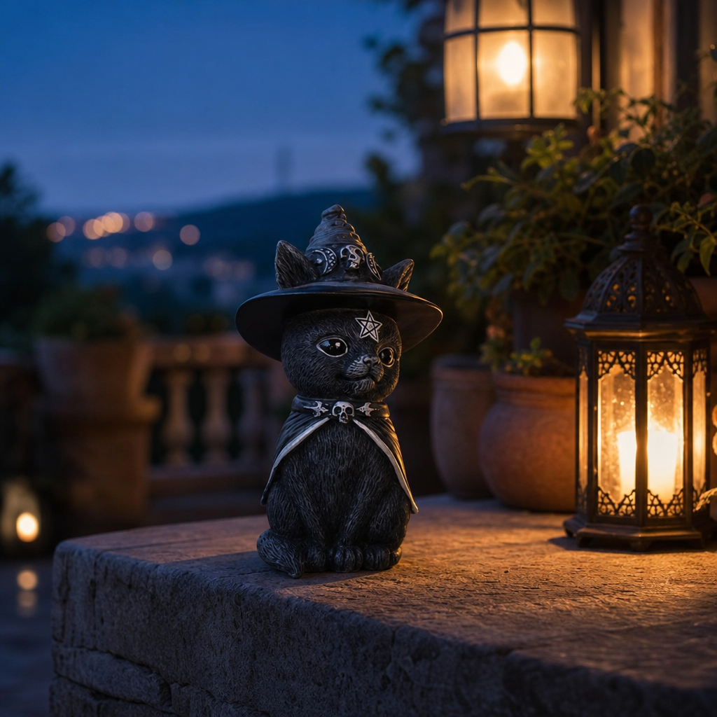 Statue chat noir sur une terrasse le soir
