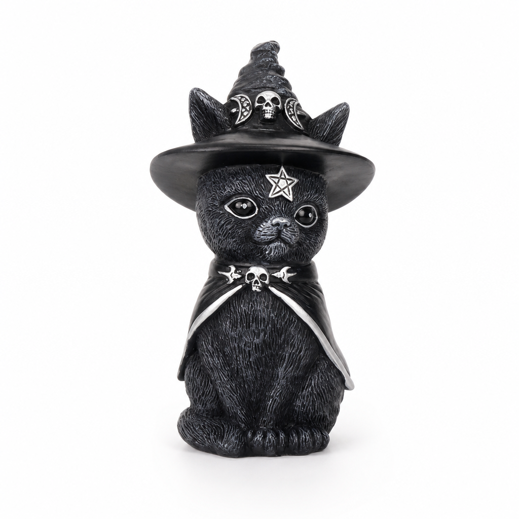 Statue de jardin chat noir mystique, fond blanc