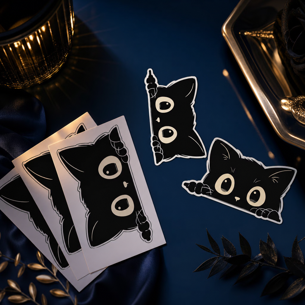 Stickers chat noir curieux sur fond bleu nuit