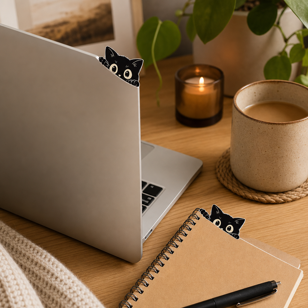 Sticker chat noir curieux colle sur un laptop