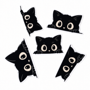 stickers-chat-noir-espiegles Lot de stickers chat noir espiegles, fond blanc
