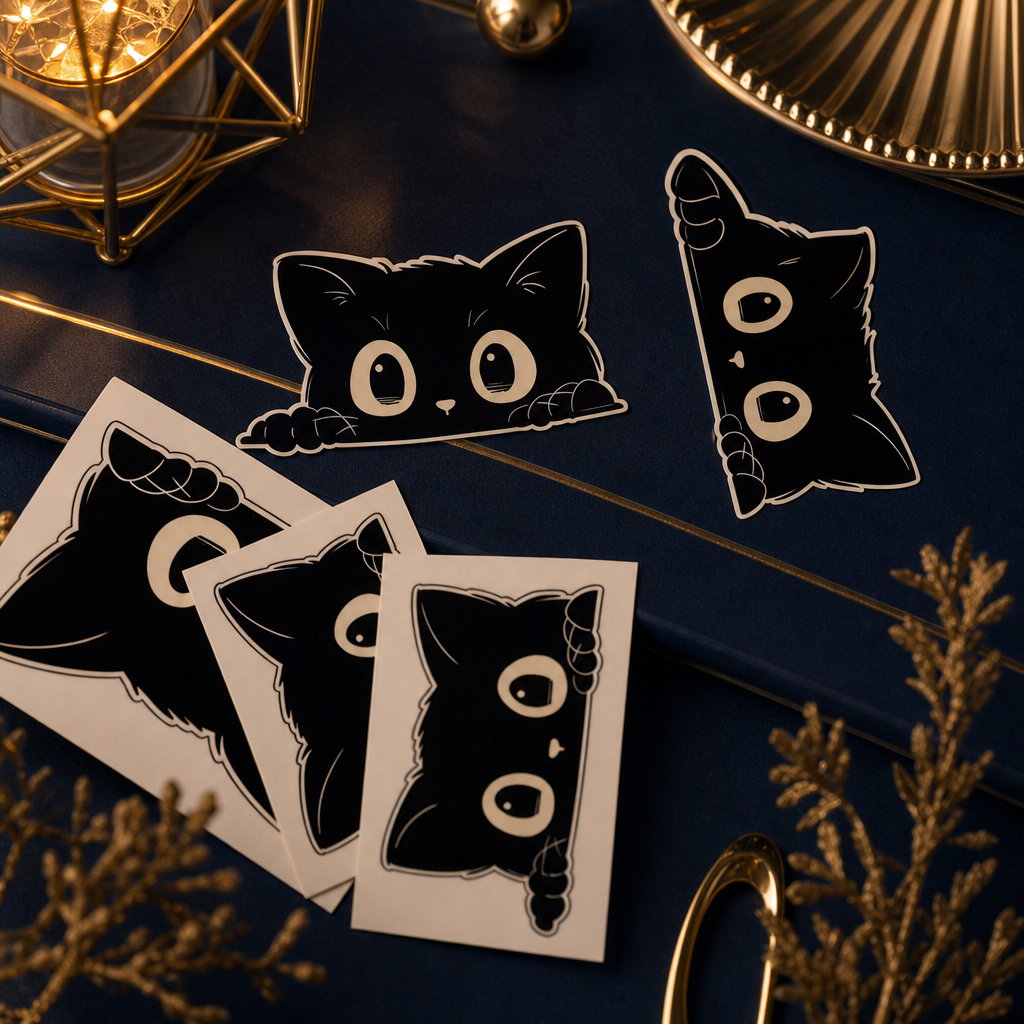 Stickers chat noir espiegles sur fond bleu nuit