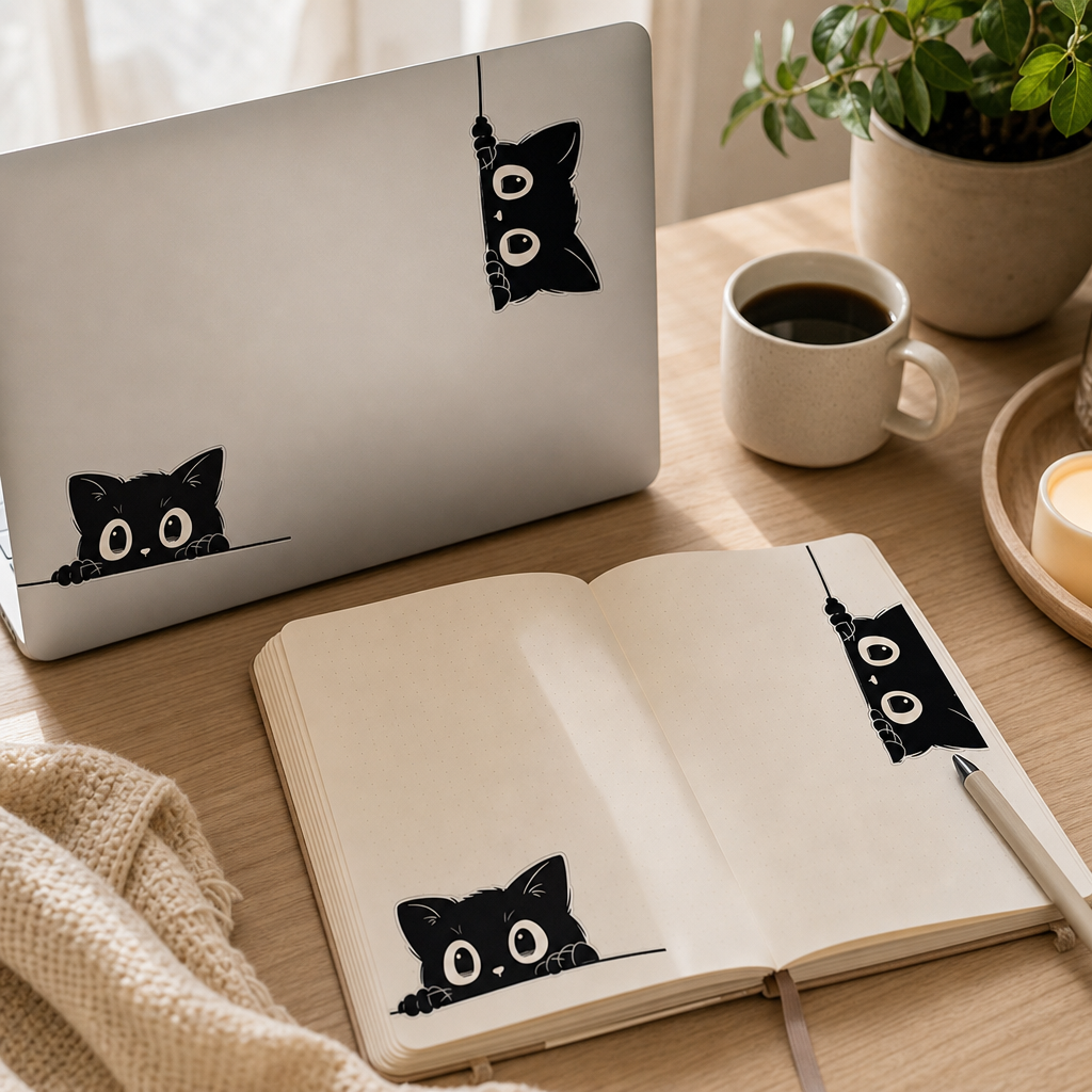 Stickers chat noir espiegles sur un laptop et un carnet