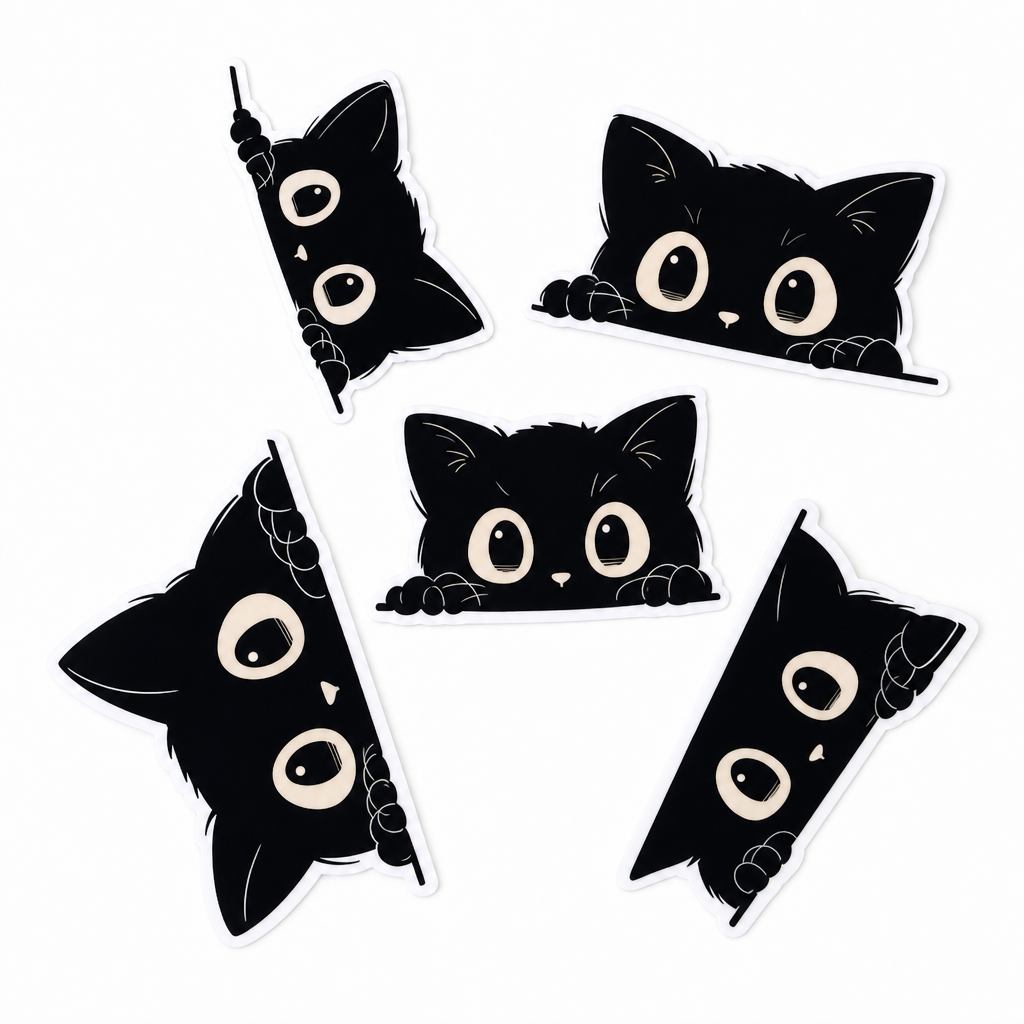 Lot de stickers chat noir espiegles, fond blanc