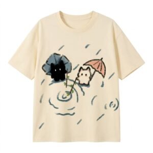 T-shirt chat noir creme imprime parapluie, fond blanc