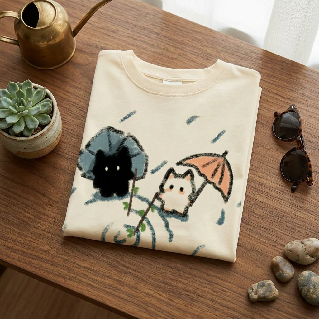 T-shirt chat noir plie en flat-lay