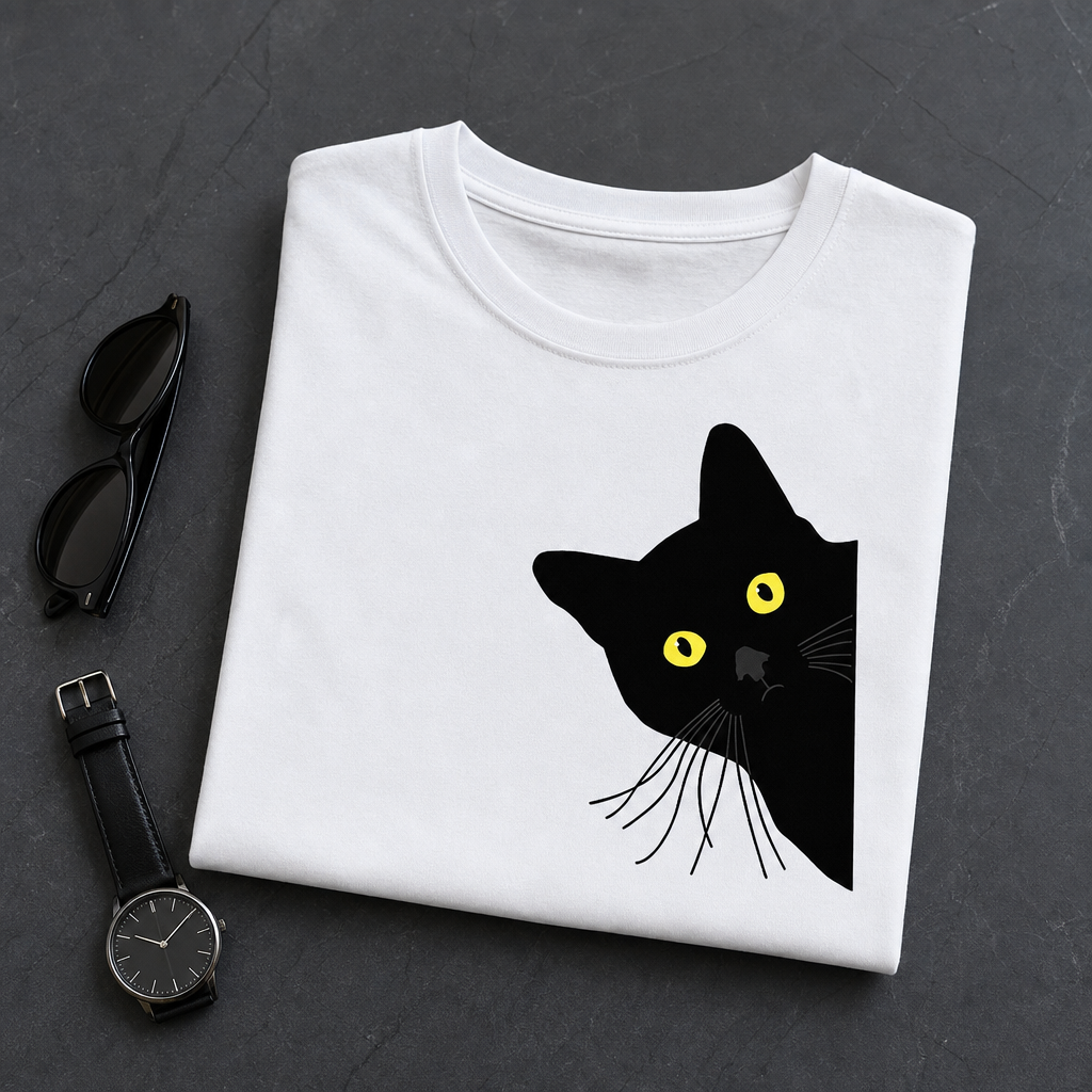 T-shirt chat noir homme plie en flat-lay