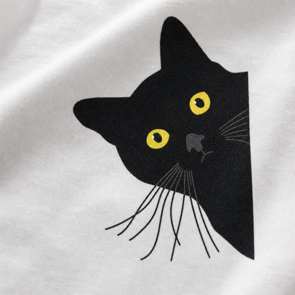 Gros plan sur l imprime chat noir du t-shirt