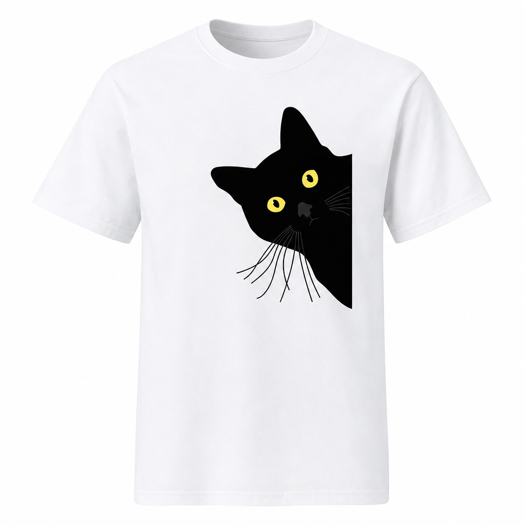 T-shirt chat noir homme blanc, fond blanc