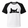T-shirt chat noir raglan blanc et noir, fond blanc