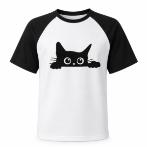T-shirt chat noir raglan blanc et noir, fond blanc