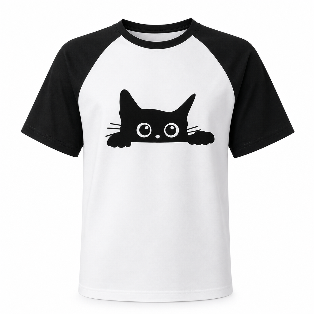 T-shirt chat noir raglan blanc et noir, fond blanc