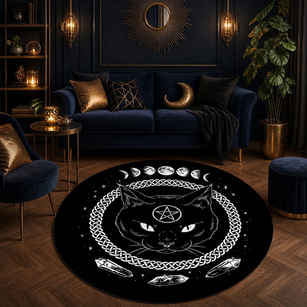 Tapis chat noir dans une piece bleu nuit