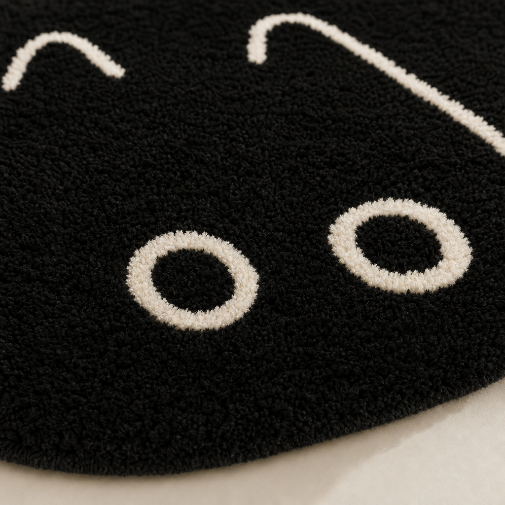Gros plan sur la matiere douce du tapis chat noir
