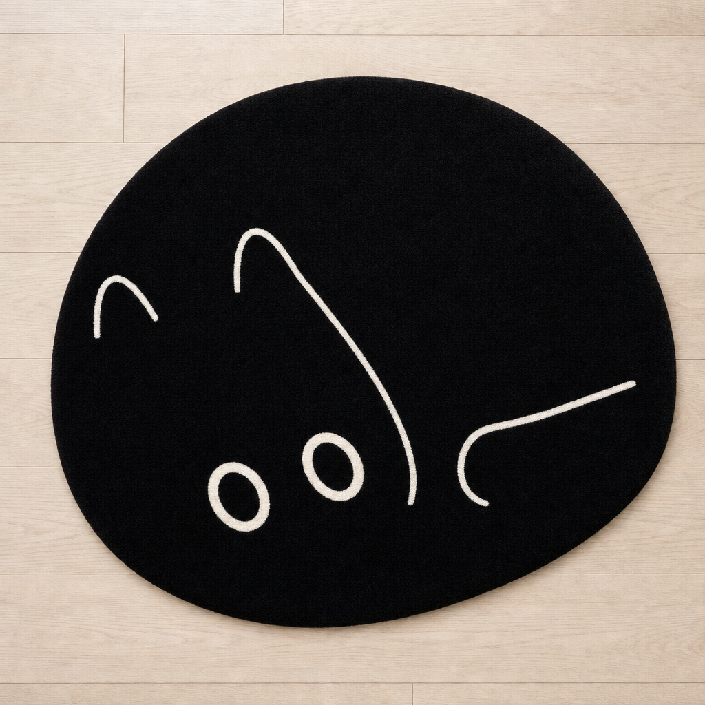 Tapis chat noir rond et doux, vue de dessus