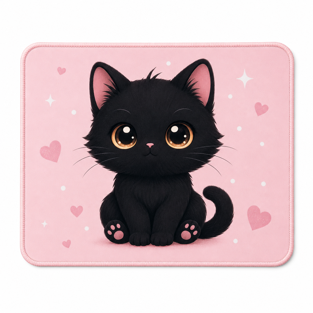 Tapis de souris chat noir kawaii, fond blanc