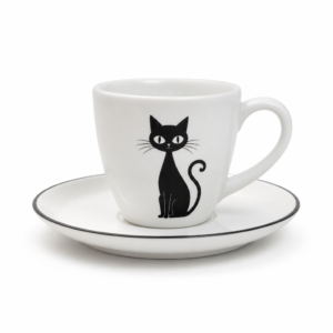 Tasse a espresso chat noir porcelaine, fond blanc
