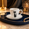Tasse a espresso chat noir sur un plateau bleu nuit