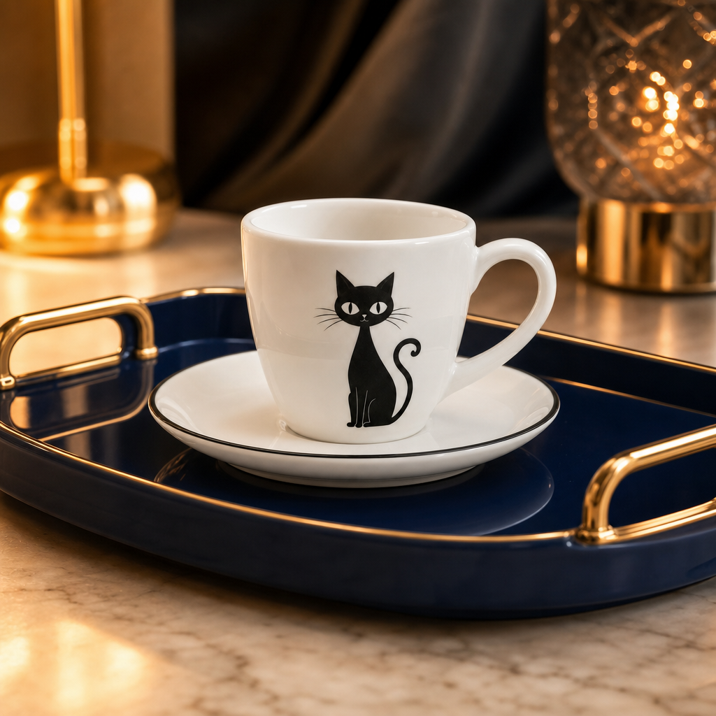 Tasse a espresso chat noir sur un plateau bleu nuit