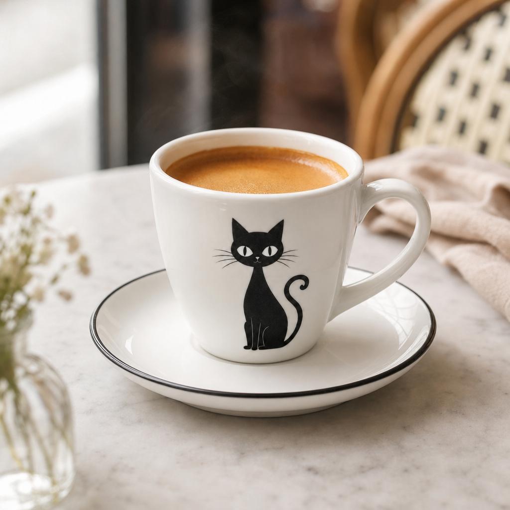 Tasse a espresso chat noir avec un cafe sur une table