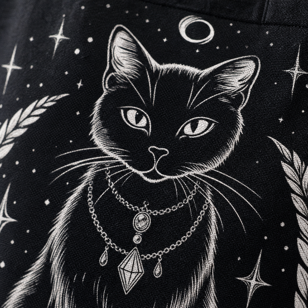 Gros plan sur le motif chat et lune du tote bag