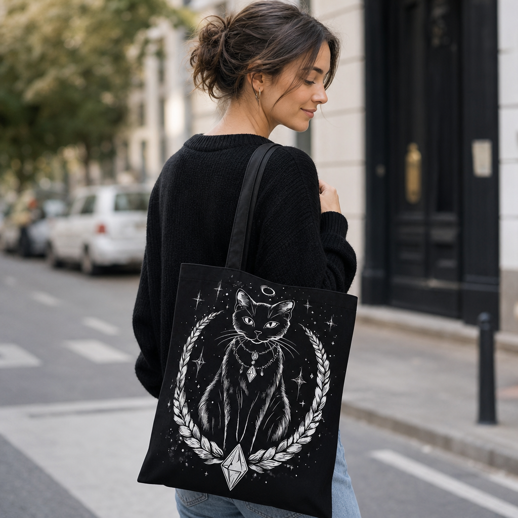 Tote bag chat noir et lune porte a l epaule