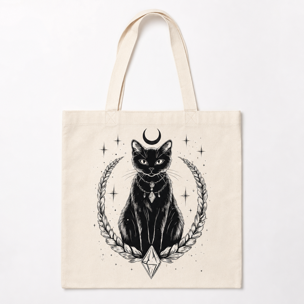 Tote bag chat noir et lune, fond blanc