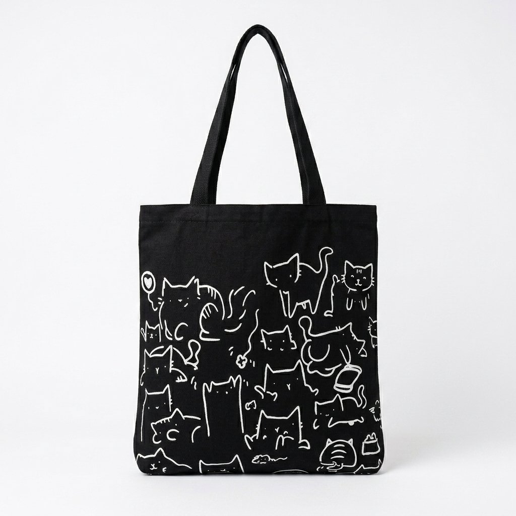 Tote bag chat noir en toile, fond blanc